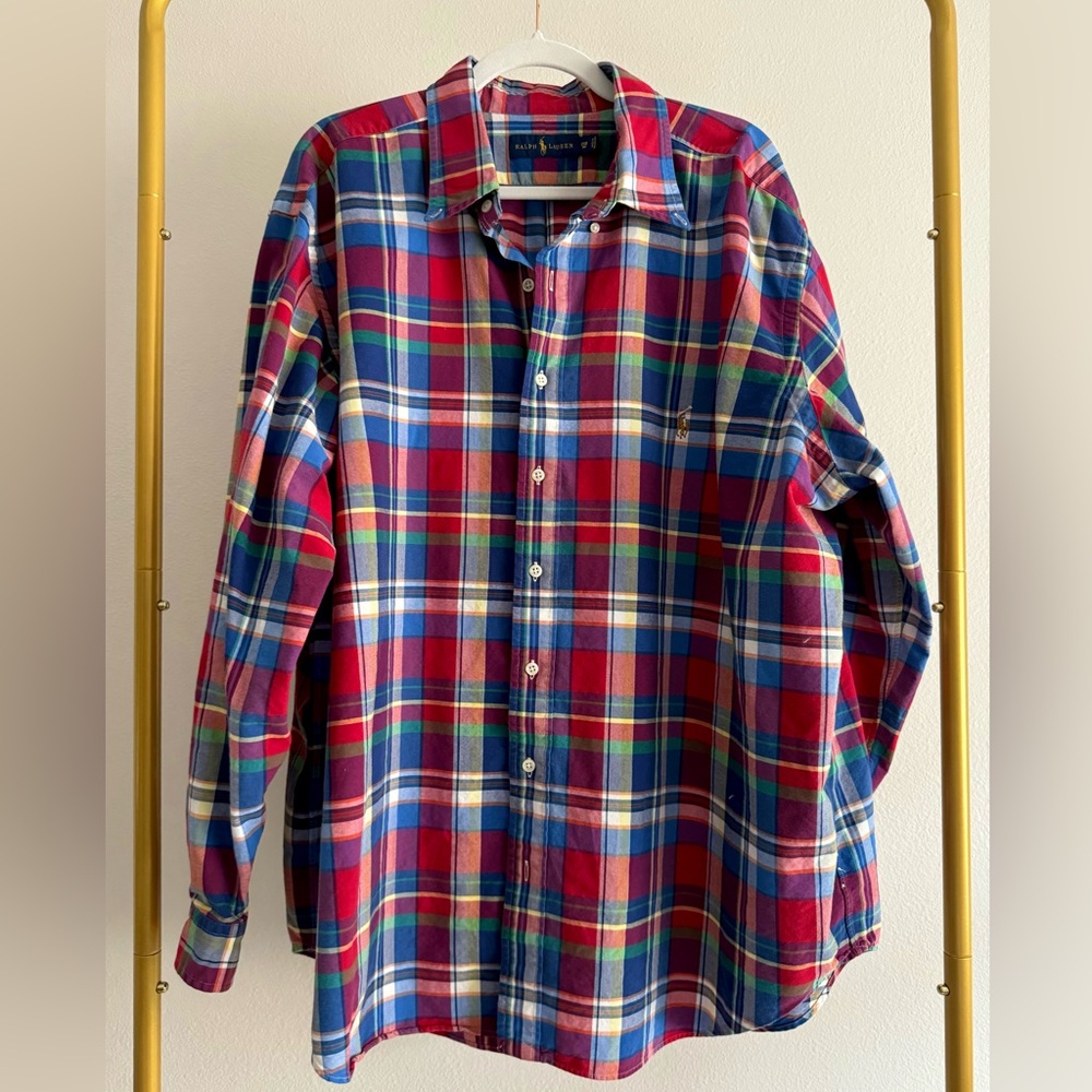 Ralph Lauren Men's Sz 2X Red Blue Plaid Classic Oxford Shirt 100% Cotton